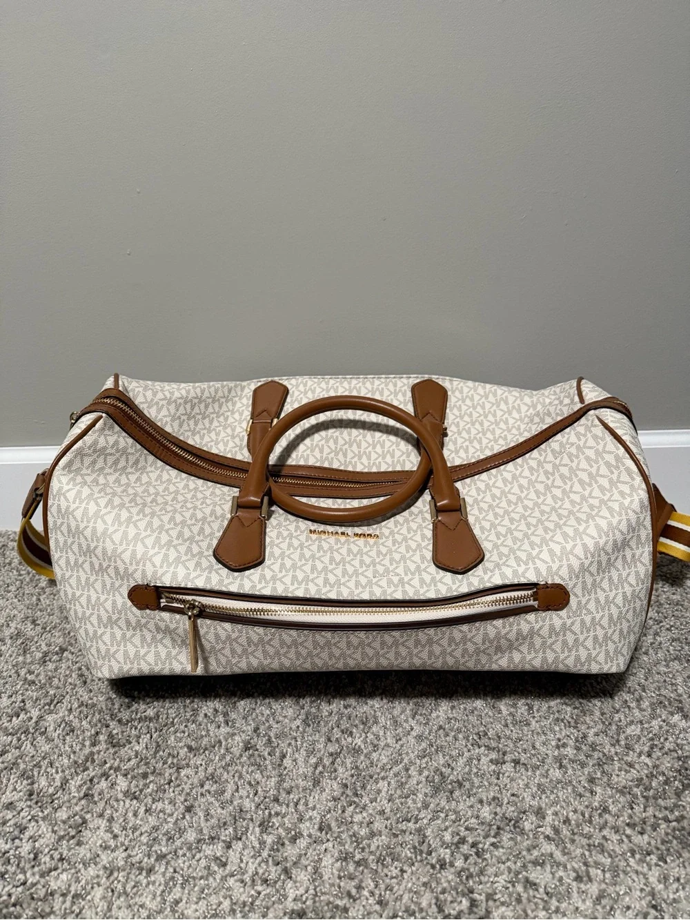Michael Kors Cream & Brown MK Logo Travel Trio with Yellow Strap